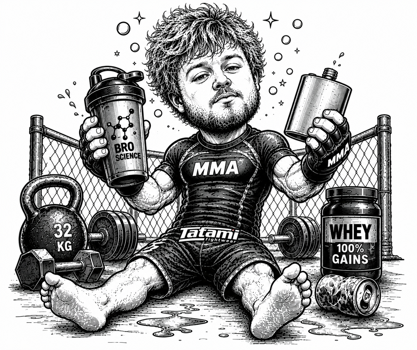 Sort-hvid illustration med MMA, træning og science-tema